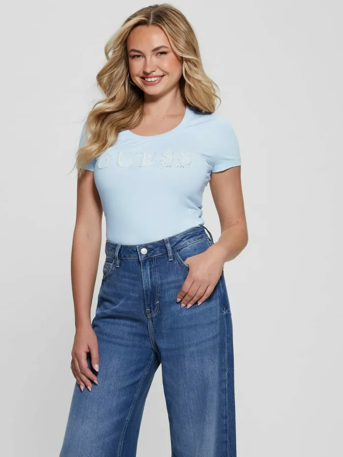 Women GUESS Eco Rhinestone Logo Tee Myosotis Blue Tops Women GUESS Eco Rhinestone Logo Tee Myosotis Blue Tops