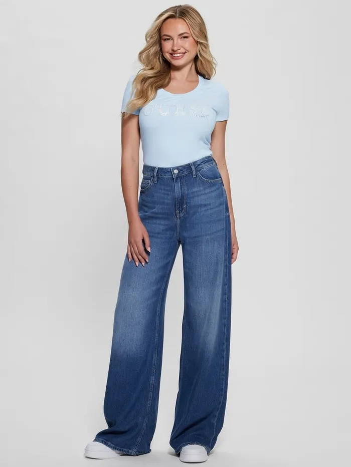 Women GUESS Eco Rhinestone Logo Tee Myosotis Blue Tops Women GUESS Eco Rhinestone Logo Tee Myosotis Blue Tops