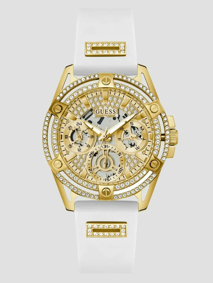 Women GUESS GoldTone and White Silicone Multifunction Watch White Multi Watches Women GUESS GoldTone and White Silicone Multifunction Watch White Multi Watches