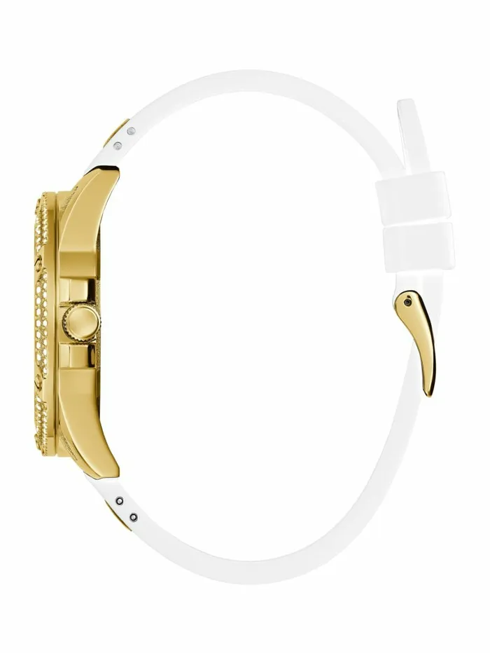 Women GUESS GoldTone and White Silicone Multifunction Watch White Multi Watches Women GUESS GoldTone and White Silicone Multifunction Watch White Multi Watches