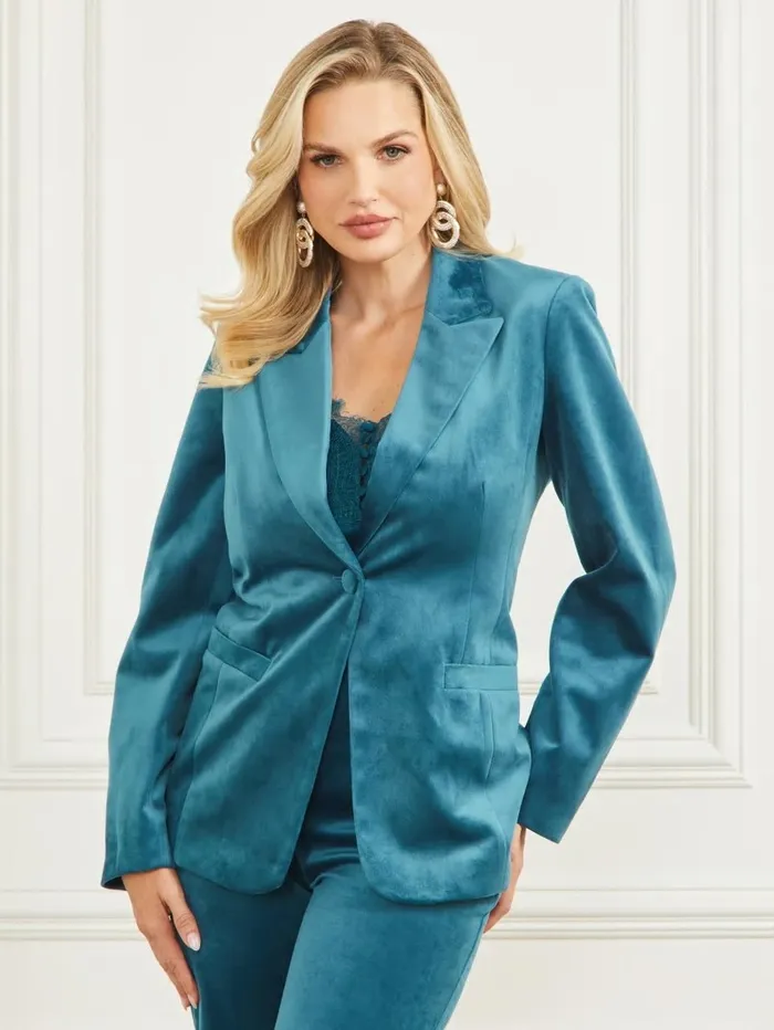 Women GUESS Lilli Velvet Blazer Blue Opal Jackets and Coats