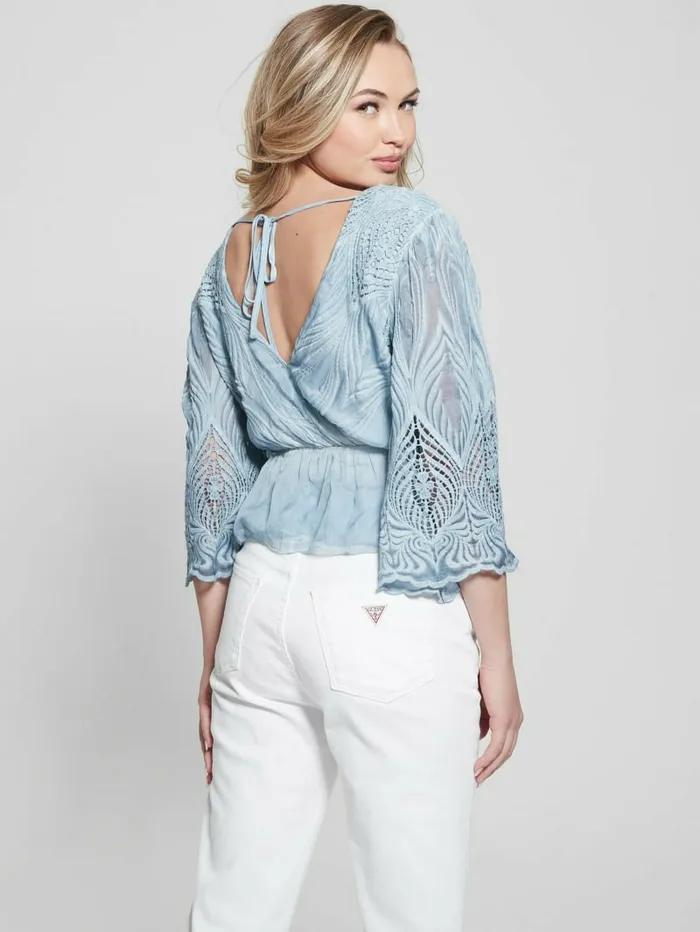 Women GUESS Pam Embroidered Top Vanish Blue Jeans Multi Tops Women GUESS Pam Embroidered Top Vanish Blue Jeans Multi Tops