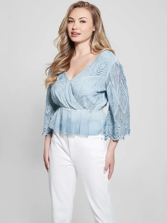 Women GUESS Pam Embroidered Top Vanish Blue Jeans Multi Tops Women GUESS Pam Embroidered Top Vanish Blue Jeans Multi Tops