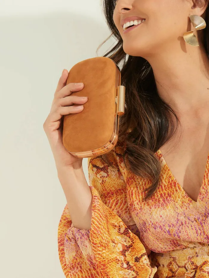 Women GUESS Suede Leather Clutch Cognac Handbags