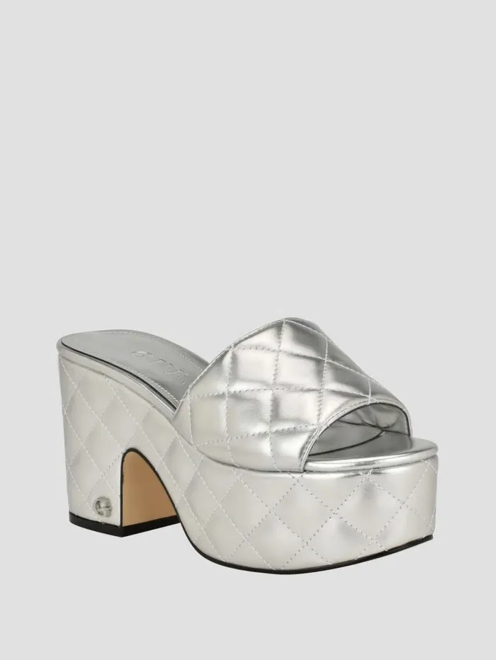 Women GUESS Yanni Quilted Platform Mules Silver 040 Sandals