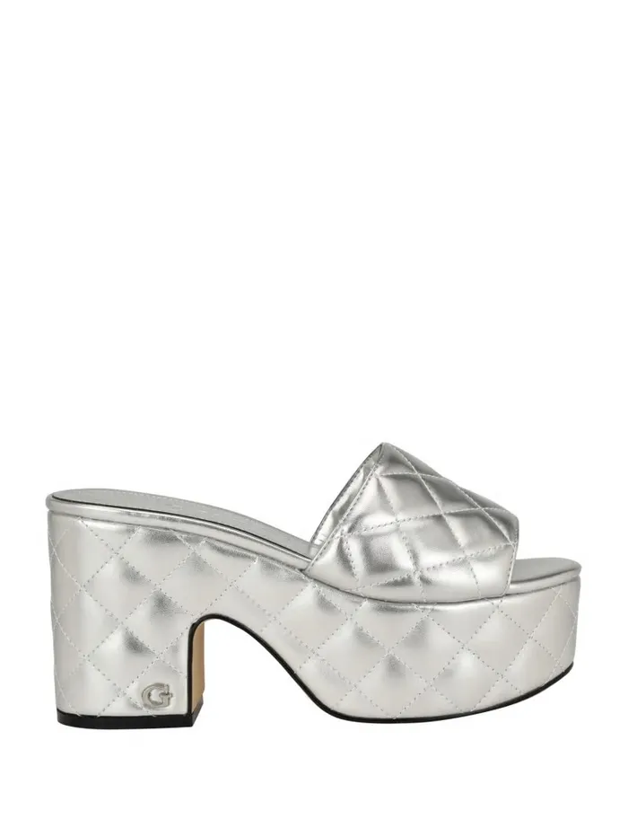 Women GUESS Yanni Quilted Platform Mules Silver 040 Sandals Women GUESS Yanni Quilted Platform Mules Silver 040 Sandals