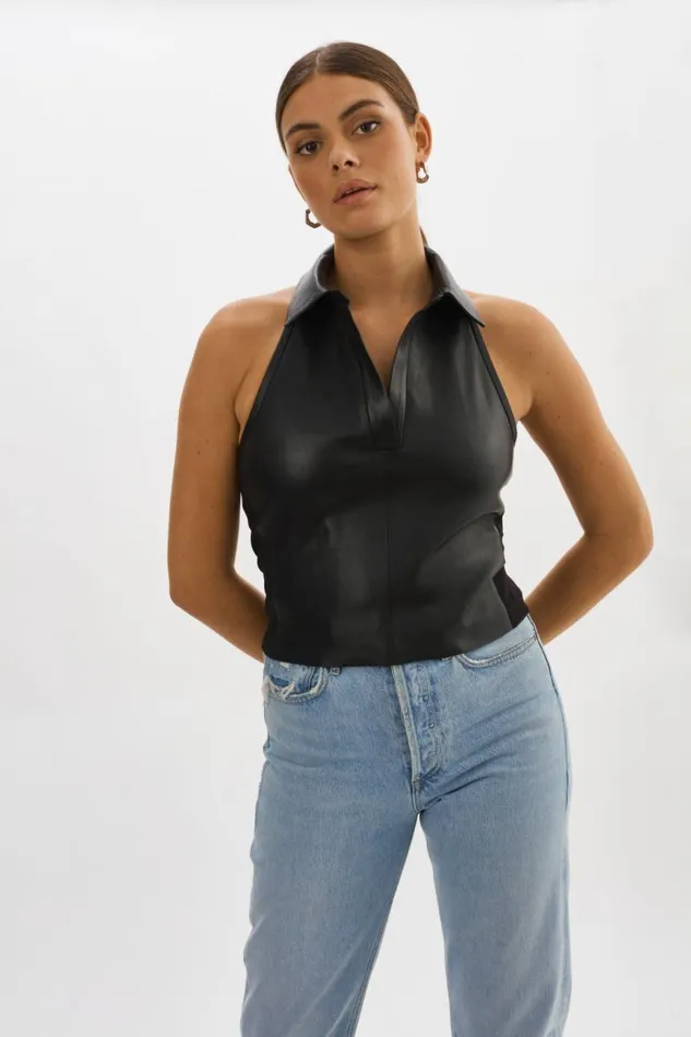 Women JULANE Leather Halterneck Top Black LAMARQUE Tops