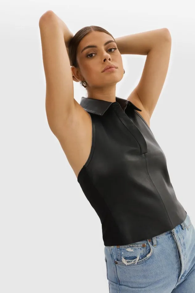 Women JULANE Leather Halterneck Top Black LAMARQUE Tops