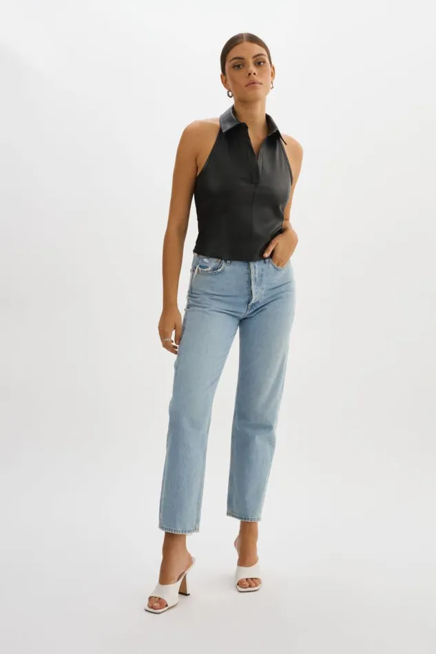Women JULANE Leather Halterneck Top Black LAMARQUE Tops