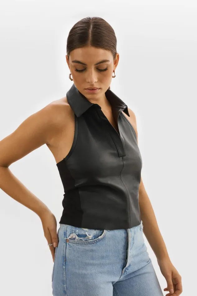 Women JULANE Leather Halterneck Top Black LAMARQUE Tops
