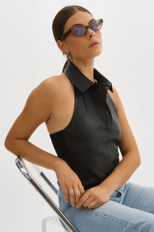 Women JULANE Leather Halterneck Top Black LAMARQUE Tops