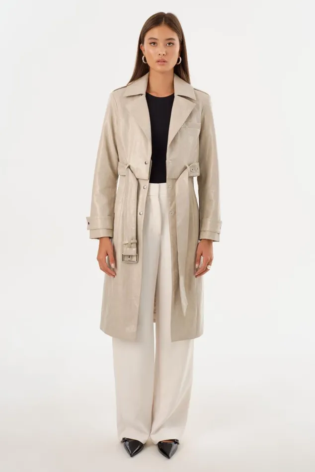 Women KATIJA Convertible Faux Leather Trench Clay LAMARQUE Trench Coats Women KATIJA Convertible Faux Leather Trench Clay LAMARQUE Trench Coats