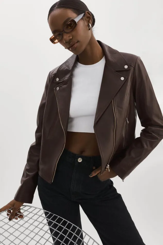 Women KELSEY Leather Biker Jacket Mahogany LAMARQUE Leather Jackets