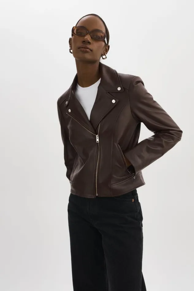 Women KELSEY Leather Biker Jacket Mahogany LAMARQUE Leather Jackets