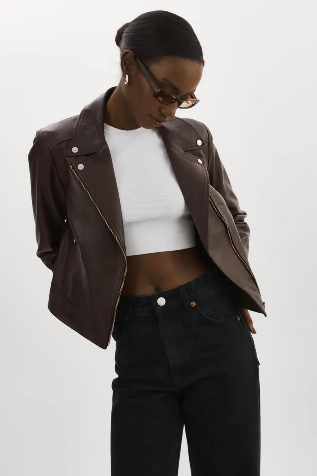Women KELSEY Leather Biker Jacket Mahogany LAMARQUE Leather Jackets
