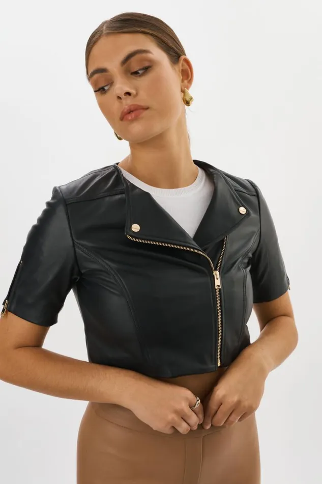 Women KIRSI GOLD Cropped Biker Jacket Black LAMARQUE Leather Jackets