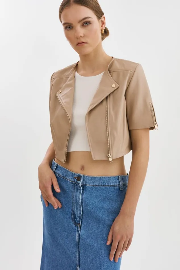 Women KIRSI GOLD Cropped Biker Jacket Wheat LAMARQUE Short Sleeve Jackets