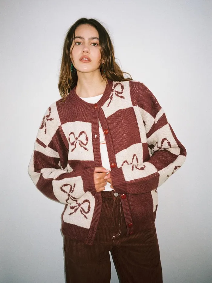 Women Lauda Cardi Merlot Bow Check Lisa Says Gah Sweaters