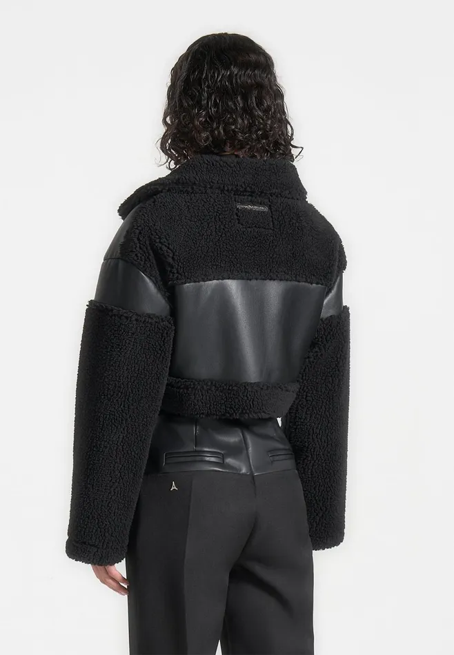 Women Manire De Voir Angular Hem Leather Borg Biker Jacket Black