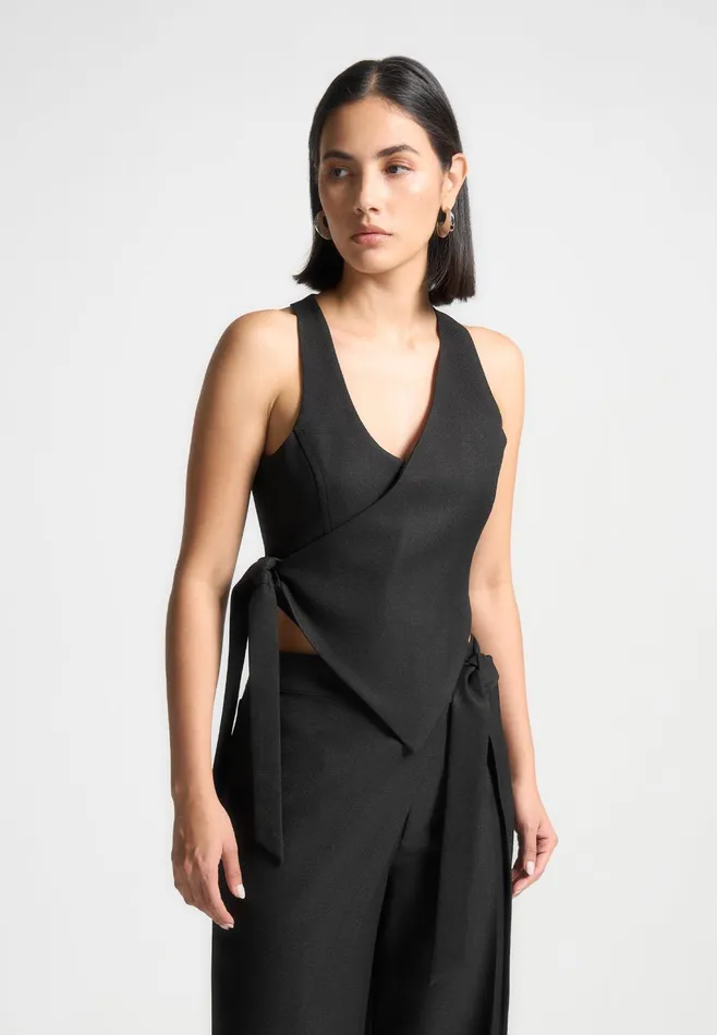 Women Manire De Voir Asymmetric Tailored Waistcoat With Tie Black
