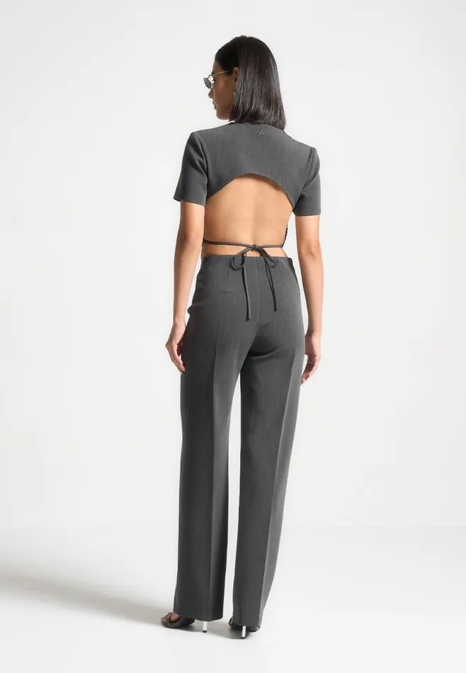 Women Manire De Voir Curved Waist Tailored Trousers Dark Grey