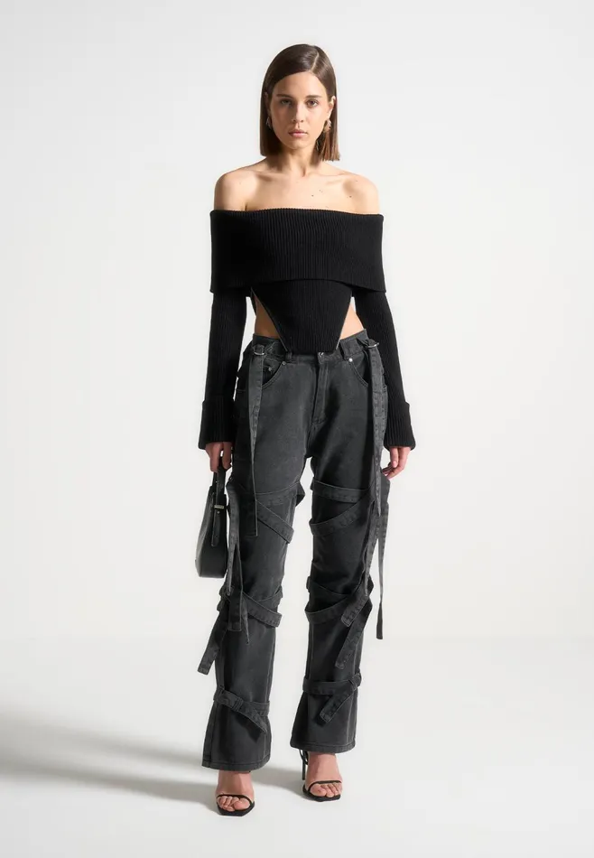 Women Manire De Voir Denim Strap Cargo Jeans Washed Black