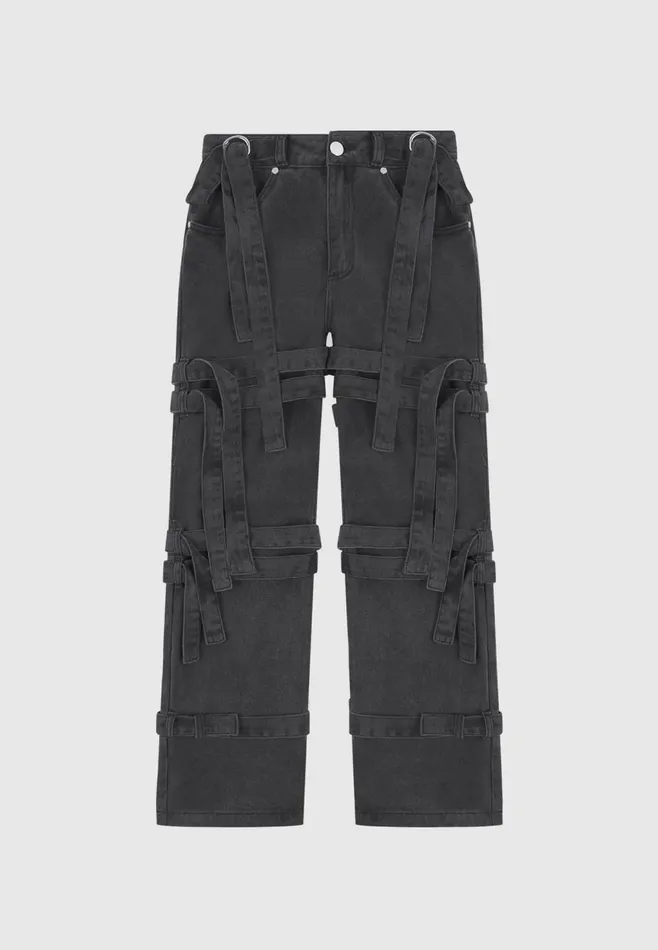 Women Manire De Voir Denim Strap Cargo Jeans Washed Black