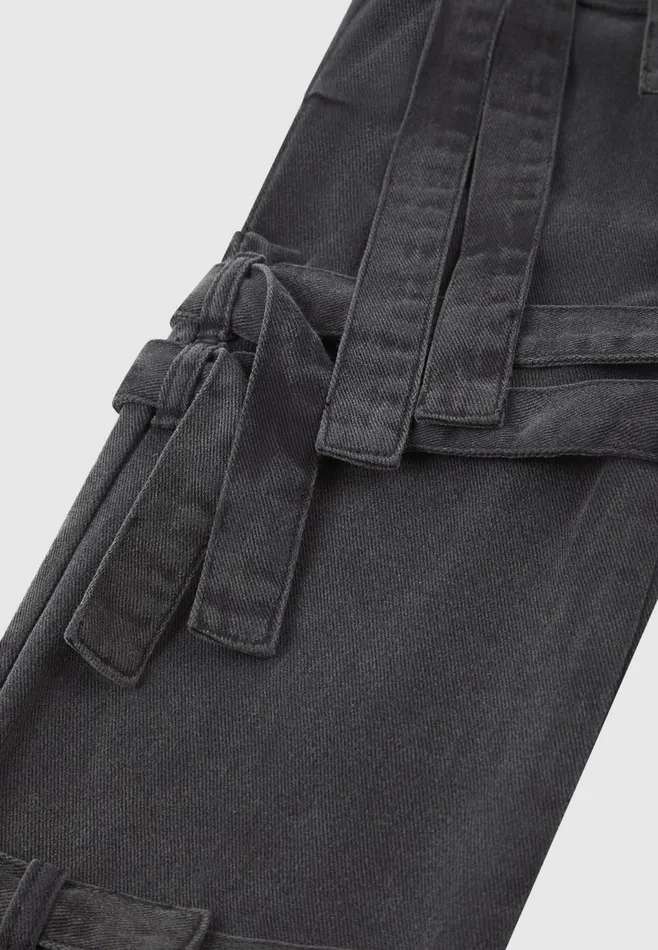 Women Manire De Voir Denim Strap Cargo Jeans Washed Black