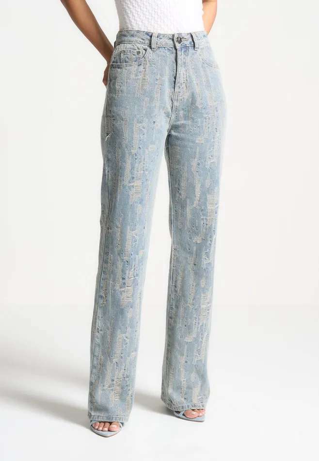Women Manire De Voir Distressed Boyfriend Jeans Mid Blue