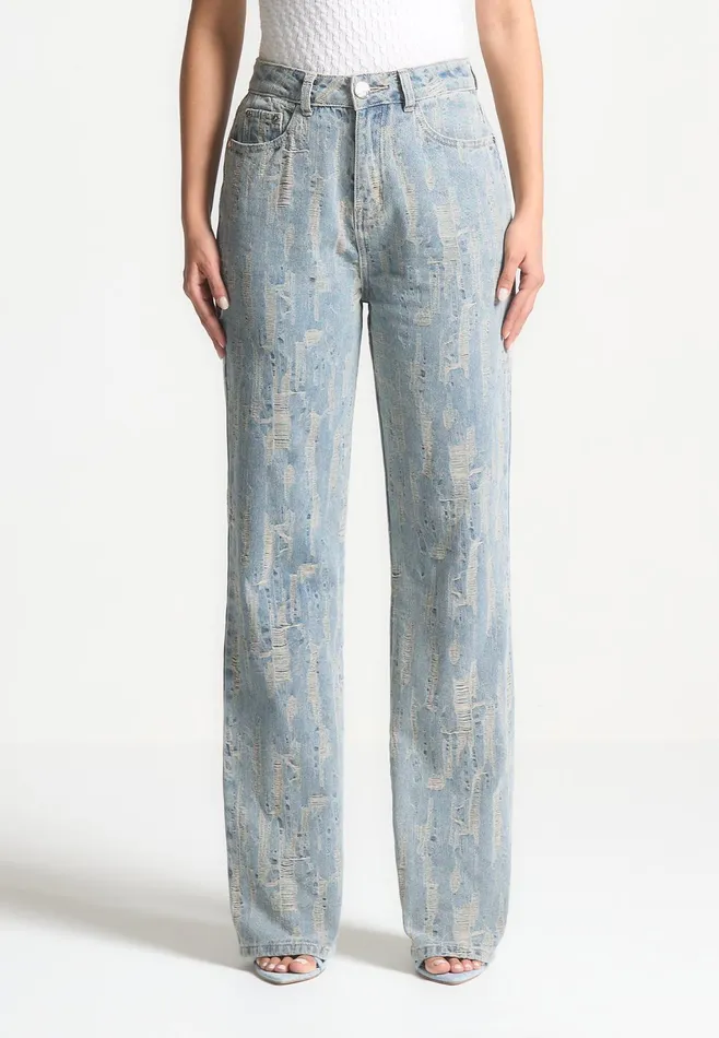 Women Manire De Voir Distressed Boyfriend Jeans Mid Blue