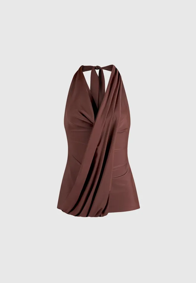 Women Manire De Voir Draped Halterneck Top Brown