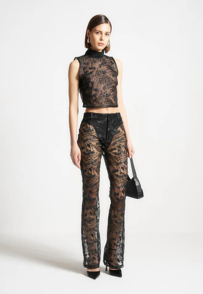 Women Manire De Voir Embellished Lace Fit And Flare Trousers Black