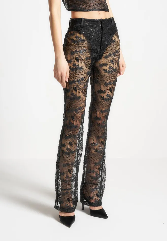 Women Manire De Voir Embellished Lace Fit And Flare Trousers Black