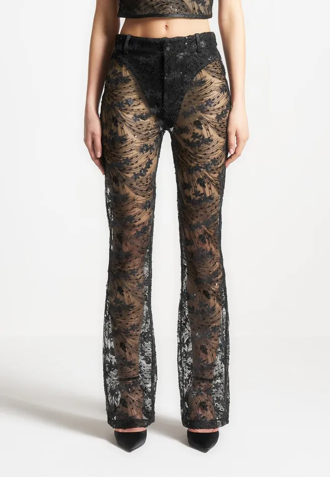 Women Manire De Voir Embellished Lace Fit And Flare Trousers Black
