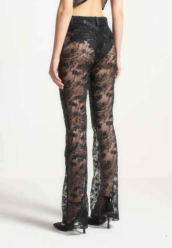 Women Manire De Voir Embellished Lace Fit And Flare Trousers Black