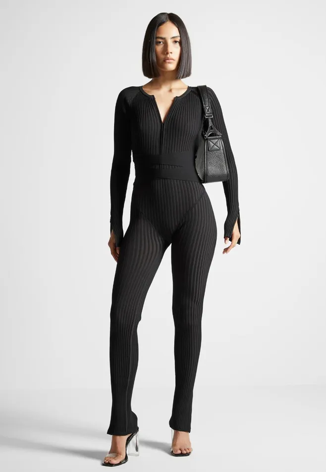 Women Manire De Voir Knitted Two Tone Jumpsuit With Belt Black
