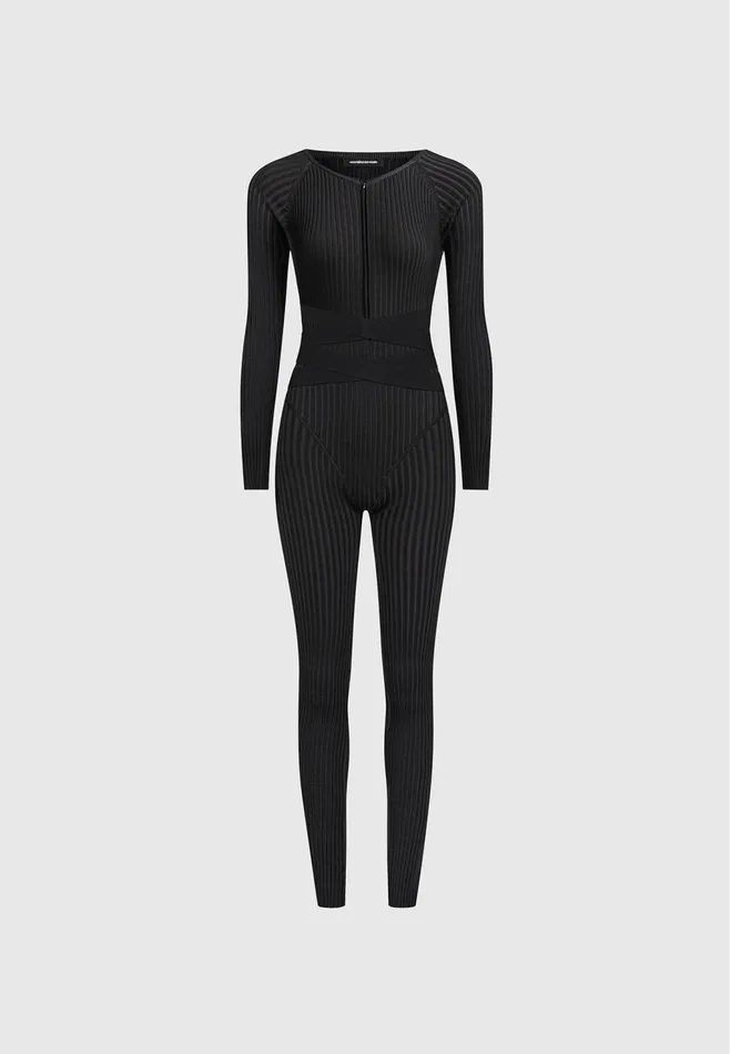 Women Manire De Voir Knitted Two Tone Jumpsuit With Belt Black