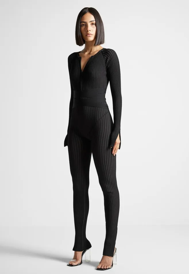 Women Manire De Voir Knitted Two Tone Jumpsuit With Belt Black