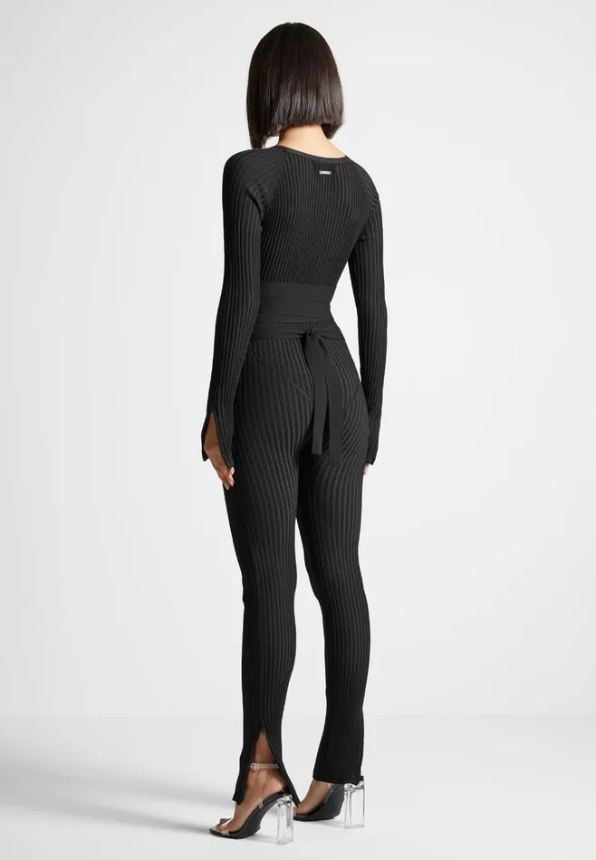 Women Manire De Voir Knitted Two Tone Jumpsuit With Belt Black