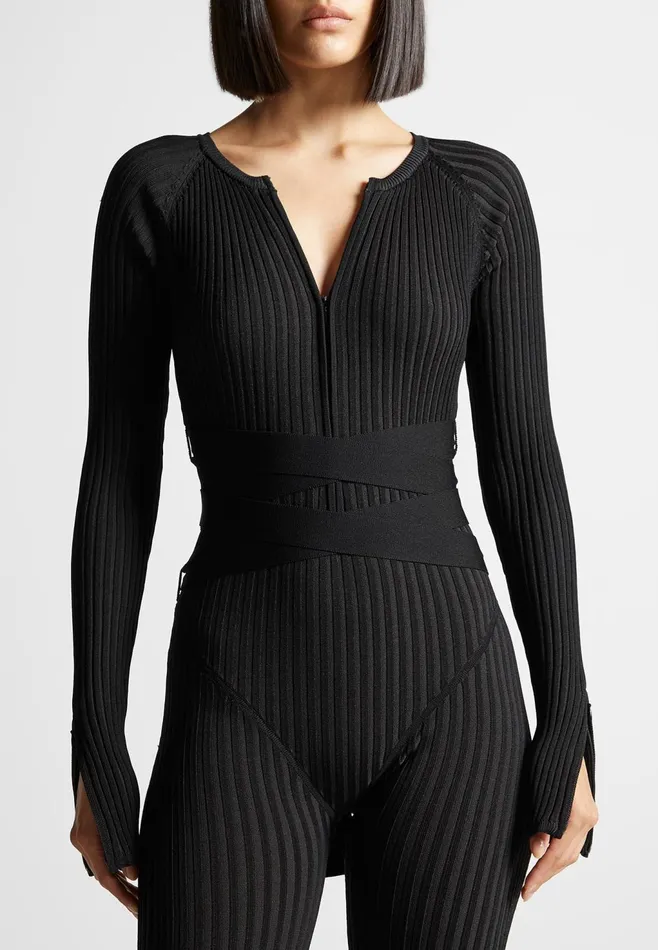 Women Manire De Voir Knitted Two Tone Jumpsuit With Belt Black