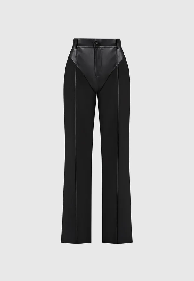 Women Manire De Voir Leather and Woven Trousers Black