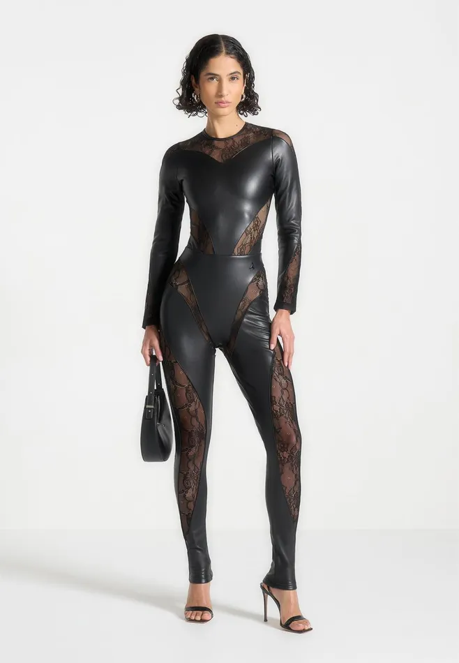 Women Manire De Voir Leather And Lace Contour Leggings Black