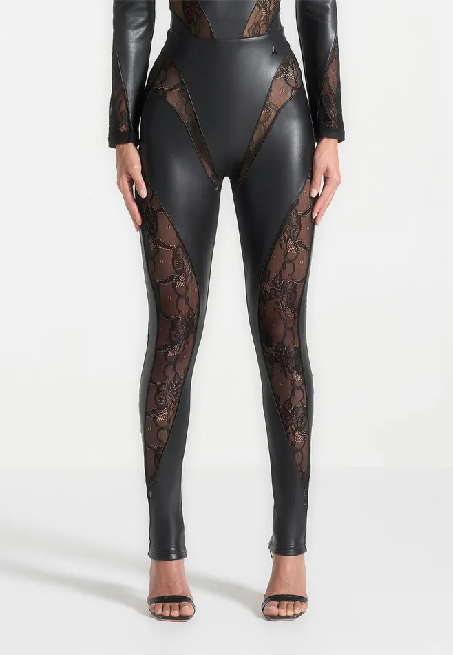 Women Manire De Voir Leather And Lace Contour Leggings Black