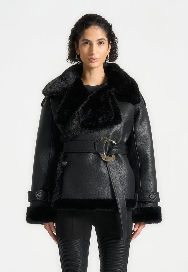 Women Manire De Voir Leather And Plush Wrap Belted Jacket Black