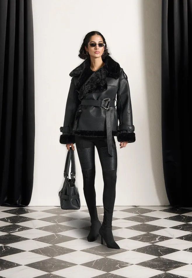 Women Manire De Voir Leather And Plush Wrap Belted Jacket Black