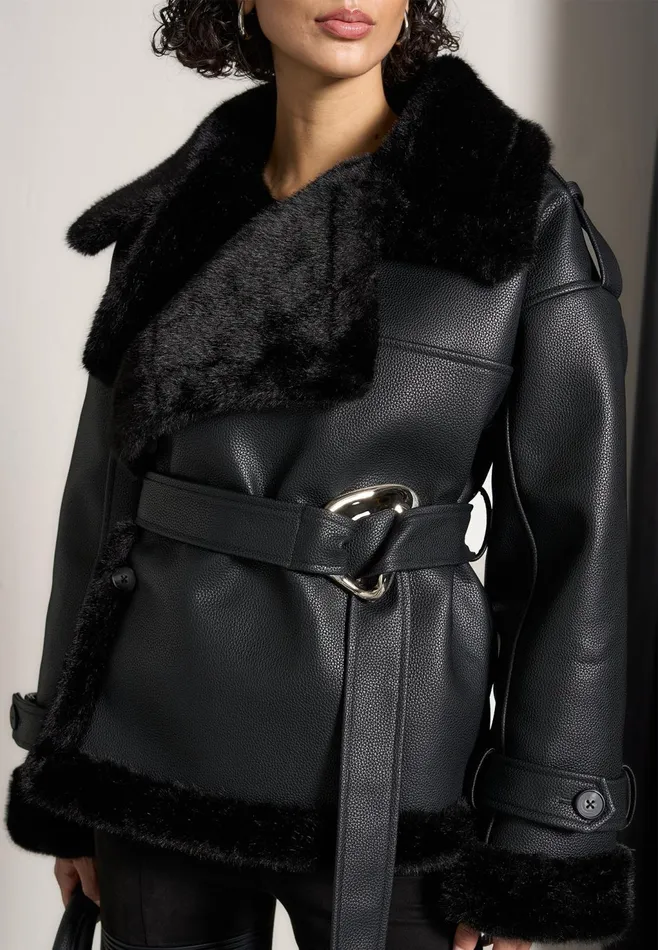 Women Manire De Voir Leather And Plush Wrap Belted Jacket Black