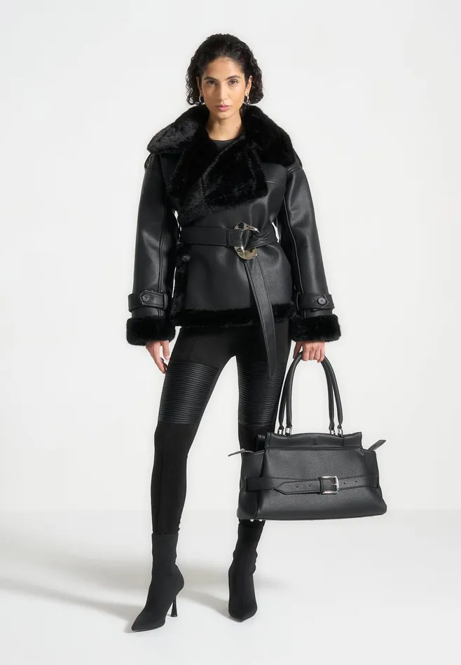 Women Manire De Voir Leather And Plush Wrap Belted Jacket Black