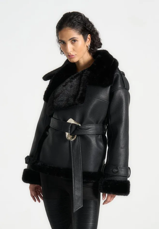 Women Manire De Voir Leather And Plush Wrap Belted Jacket Black