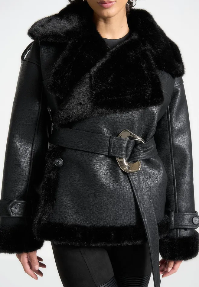Women Manire De Voir Leather And Plush Wrap Belted Jacket Black
