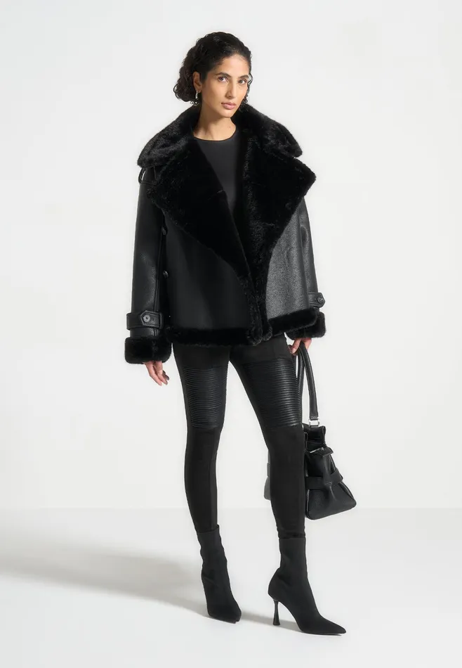 Women Manire De Voir Leather And Plush Wrap Belted Jacket Black
